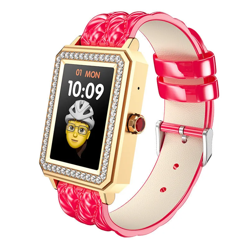 Women's smart bracelet with genuine leather strap and 1.65-inch touchscreen displaying health monitoring data