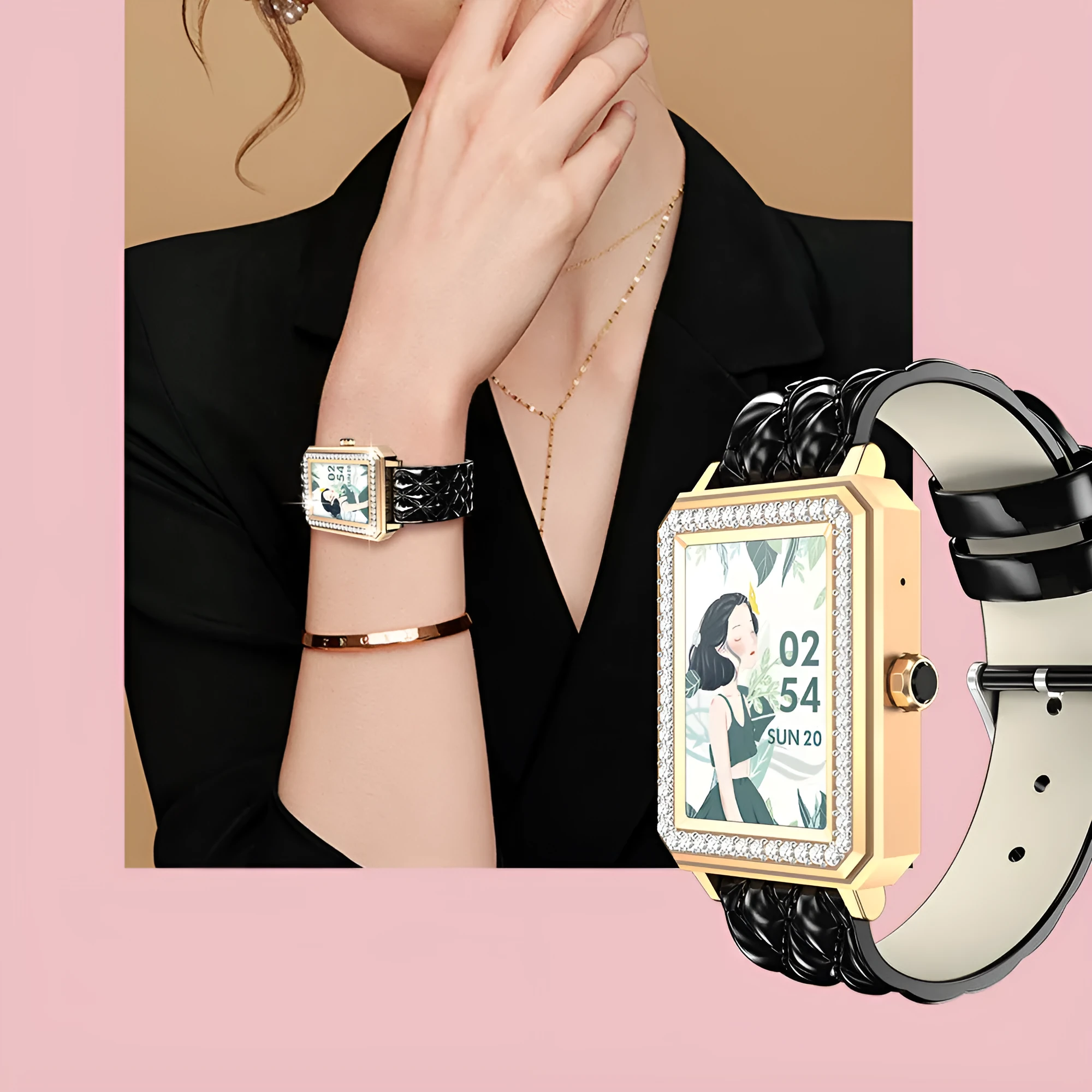Women's smart bracelet with genuine leather strap and 1.65-inch touchscreen displaying health monitoring data