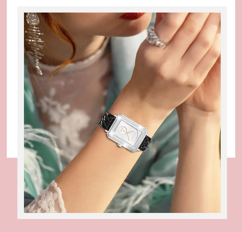 Women's smart bracelet with genuine leather strap and 1.65-inch touchscreen displaying health monitoring data