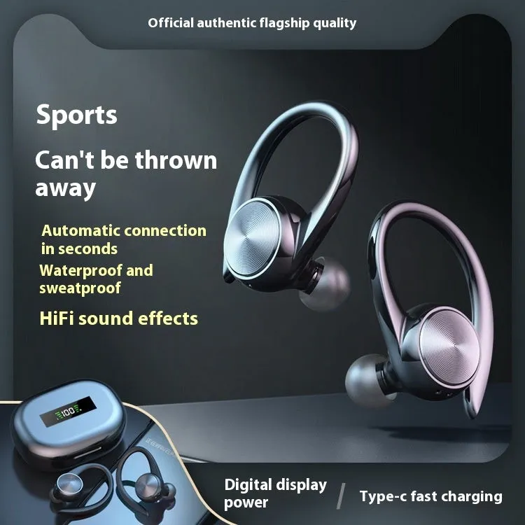 R200 TWS sports Bluetooth headset in black with ear-mounted design and digital display