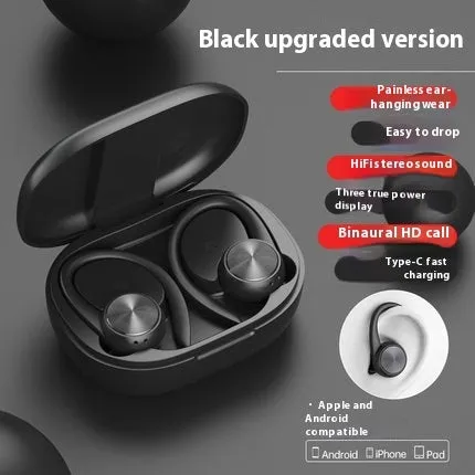 R200 TWS sports Bluetooth headset in black with ear-mounted design and digital display