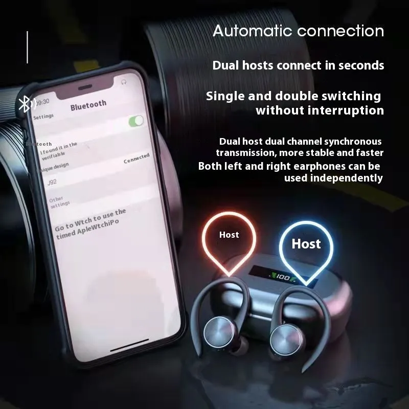 R200 TWS sports Bluetooth headset in black with ear-mounted design and digital display