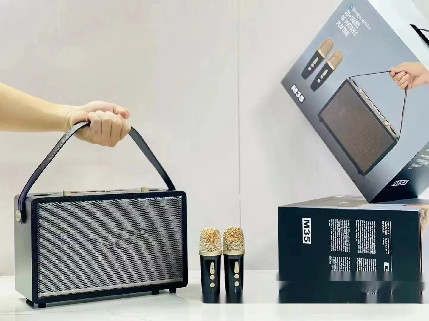 Wireless Bluetooth speaker in Black Gold finish with two microphones, USB powered, 20W output for outdoor use