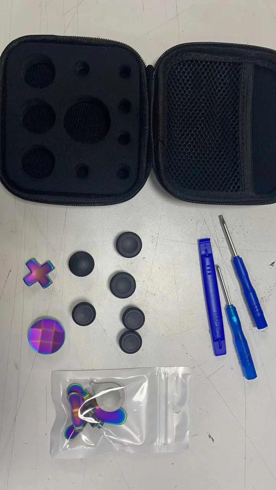 Xbox Elite 2 controller metal rocker thumbsticks and cross key replacement kit in blue with tools and storage bag