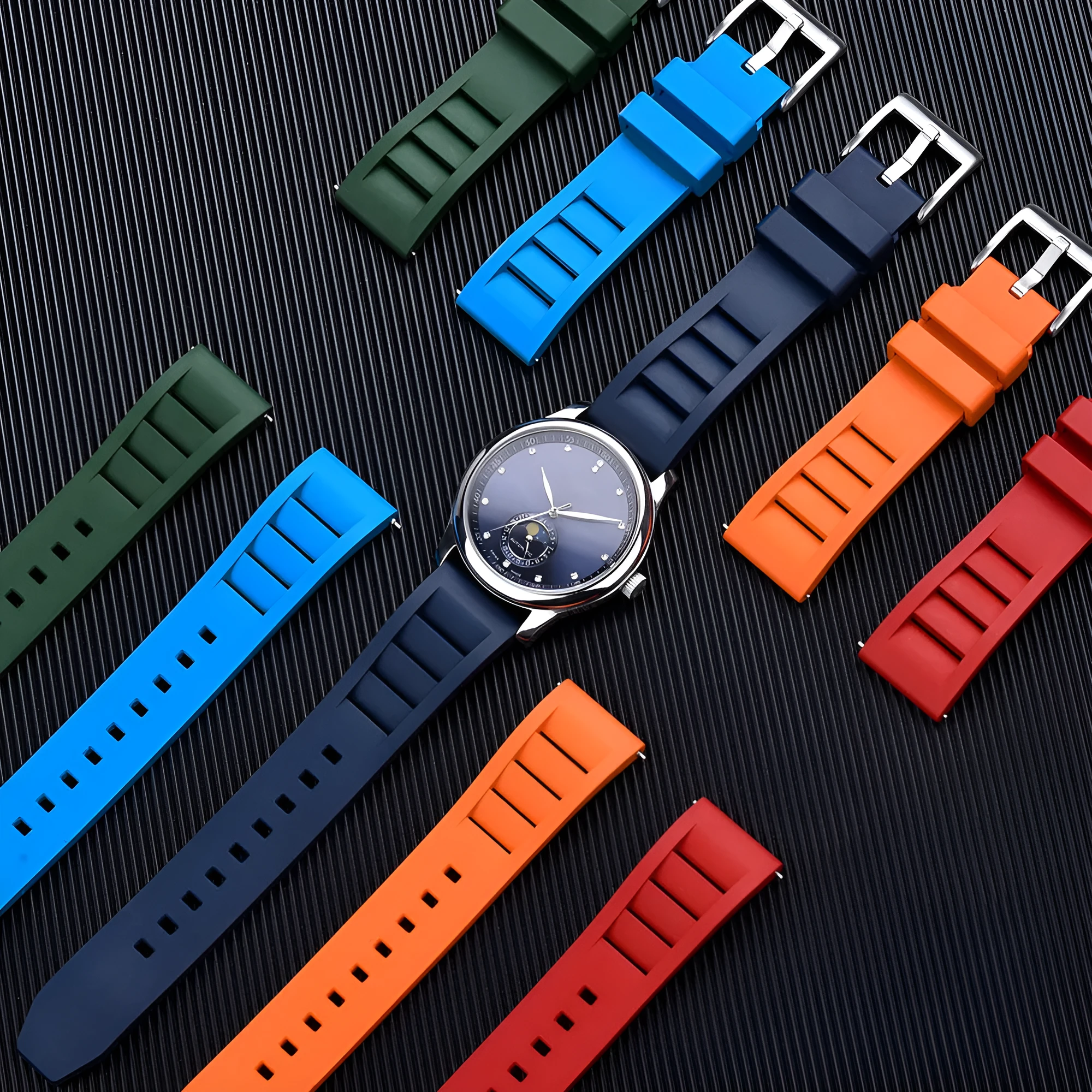 Breathable fluororubber watch strap in black, 22mm width, with wind disassembly design