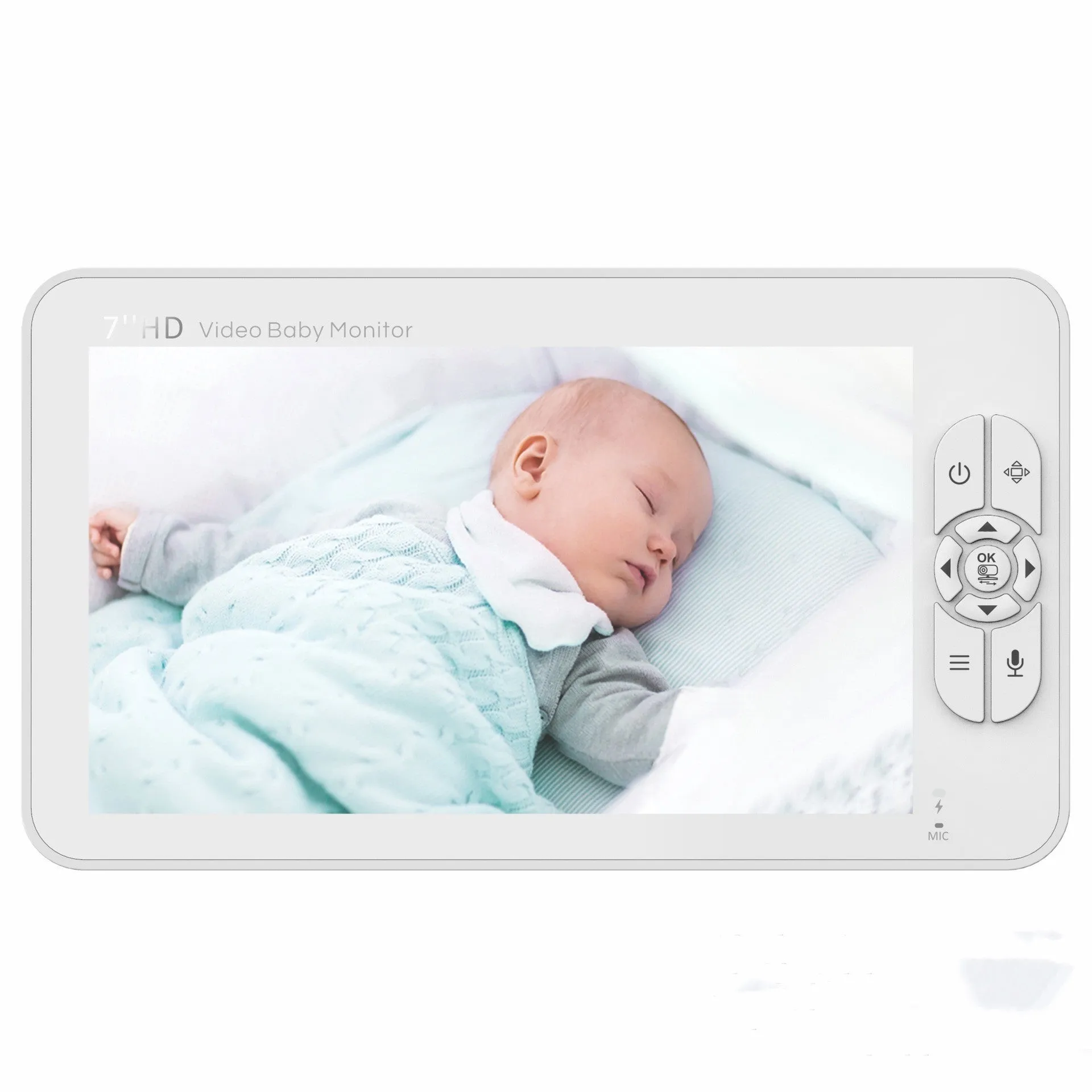 White wireless baby monitor with 7 inch 1080P screen, night vision, and two-way intercom in nursery