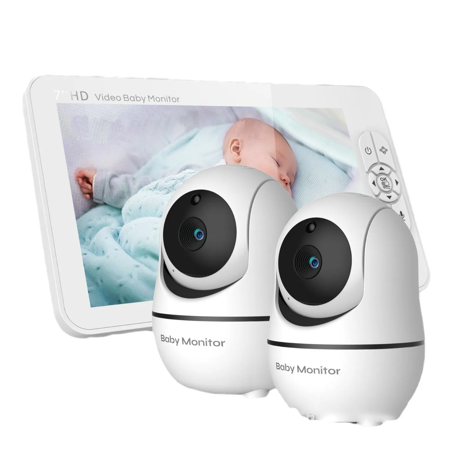 White wireless baby monitor with 7 inch 1080P screen, night vision, and two-way intercom in nursery