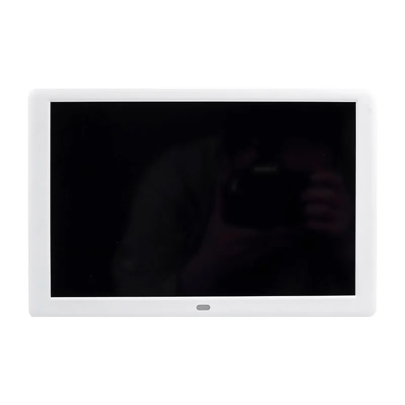 10 inch IPS digital photo frame in black with bracket showing a picture on screen