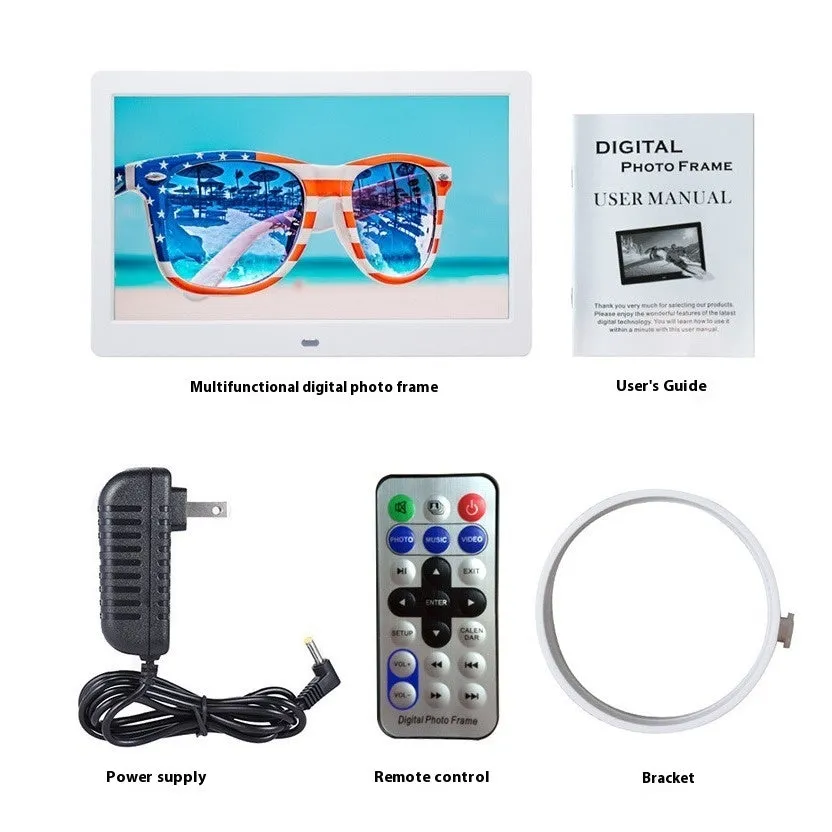 10 inch IPS digital photo frame in black with bracket showing a picture on screen