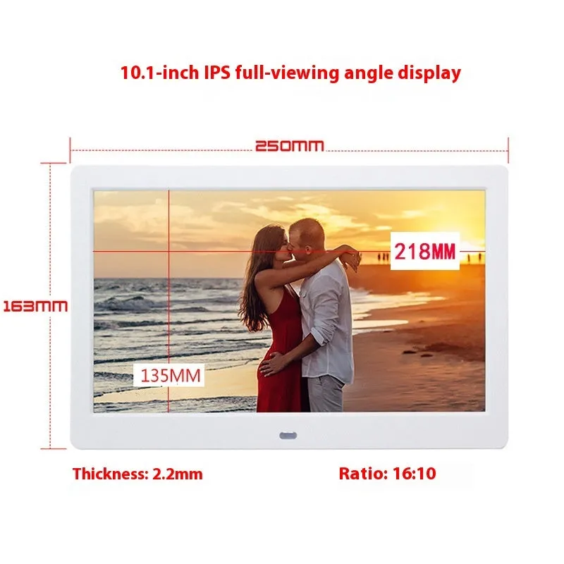 10 inch IPS digital photo frame in black with bracket showing a picture on screen