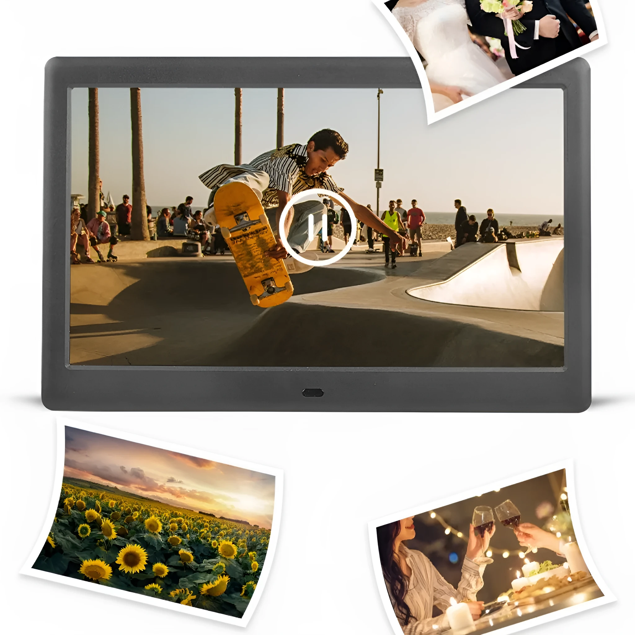 10 inch IPS digital photo frame in black with bracket showing a picture on screen