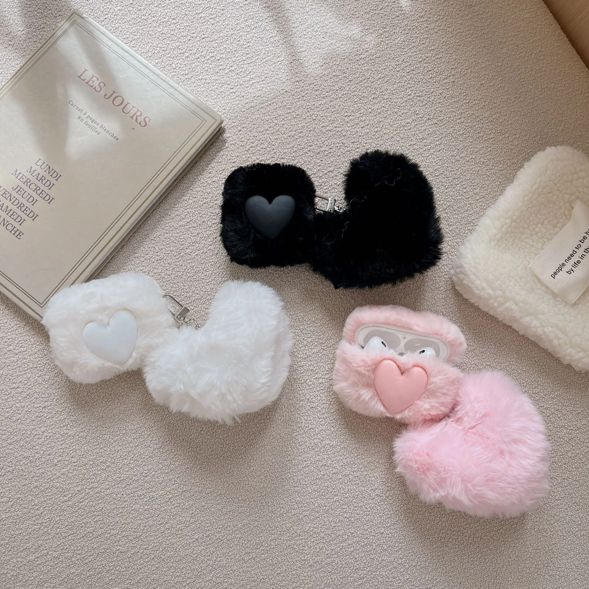 Plush loving heart TPU AirPods case in pink with soft shell and pendant