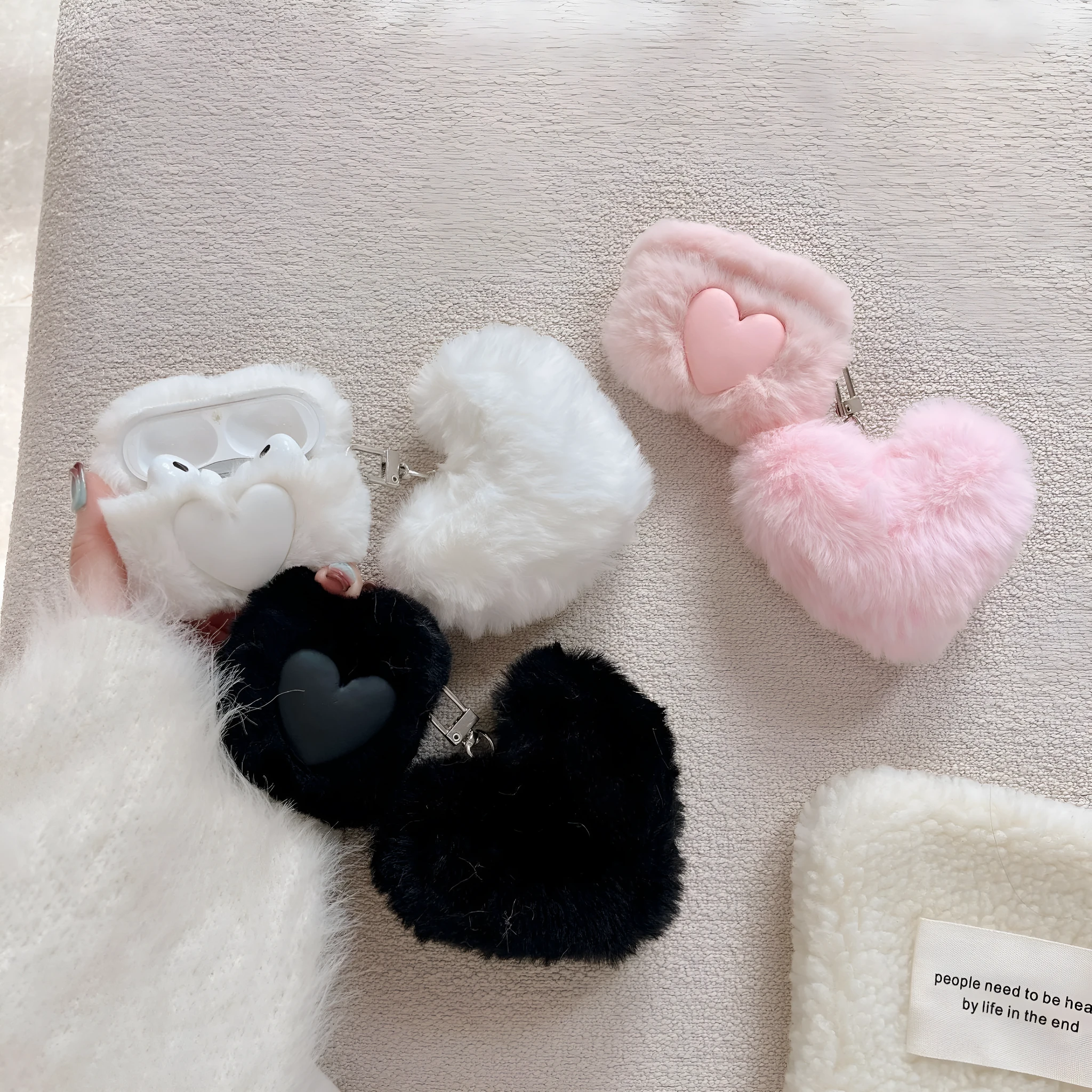 Plush loving heart TPU AirPods case in pink with soft shell and pendant