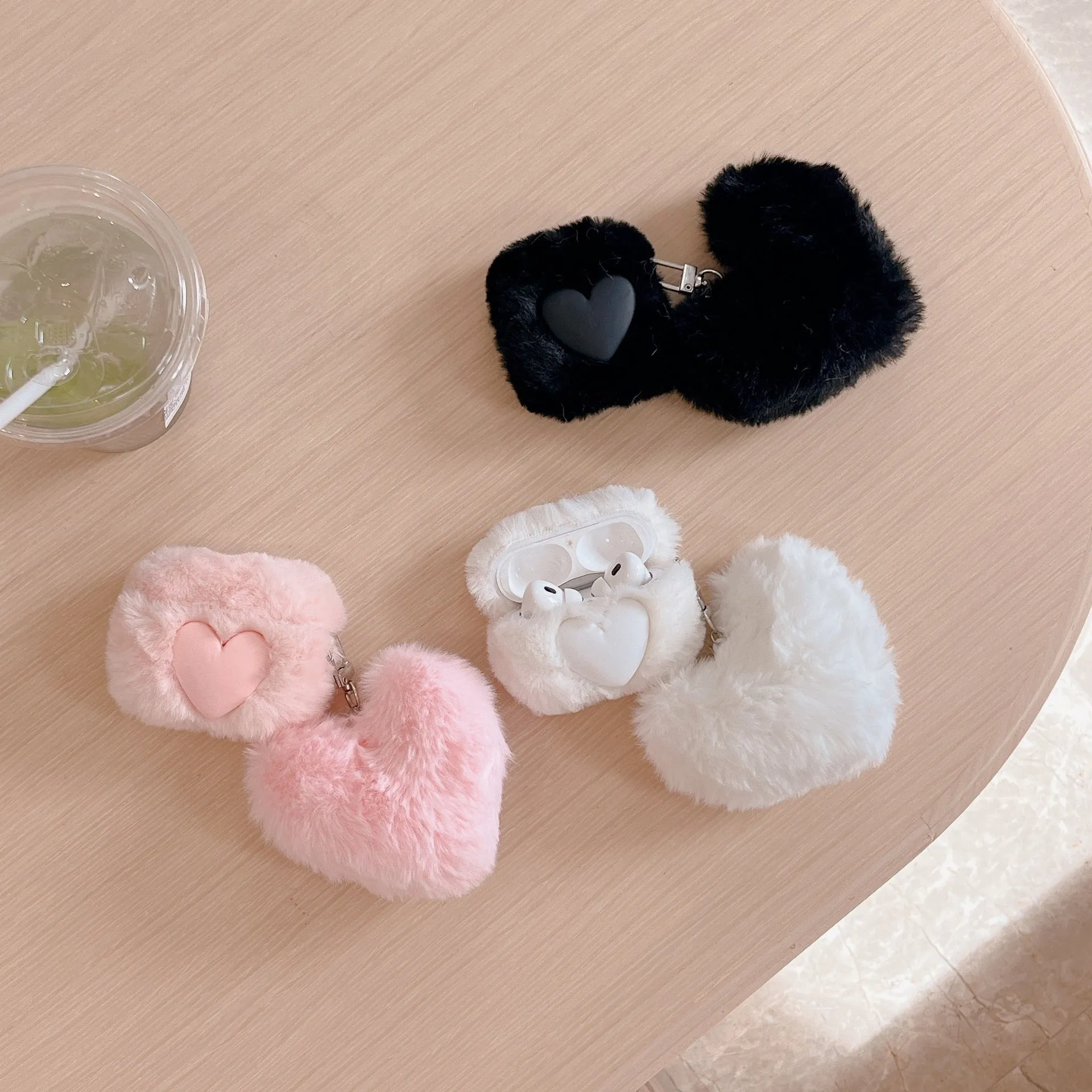 Plush loving heart TPU AirPods case in pink with soft shell and pendant