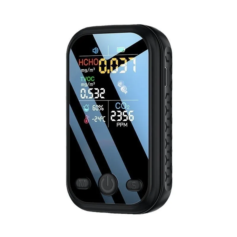 Compact handheld air quality detector measuring air quality, temperature, and humidity in black colour