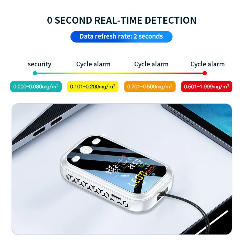 Compact handheld air quality detector measuring air quality, temperature, and humidity in black colour
