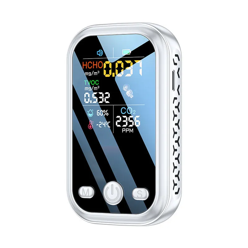 Compact handheld air quality detector measuring air quality, temperature, and humidity in black colour