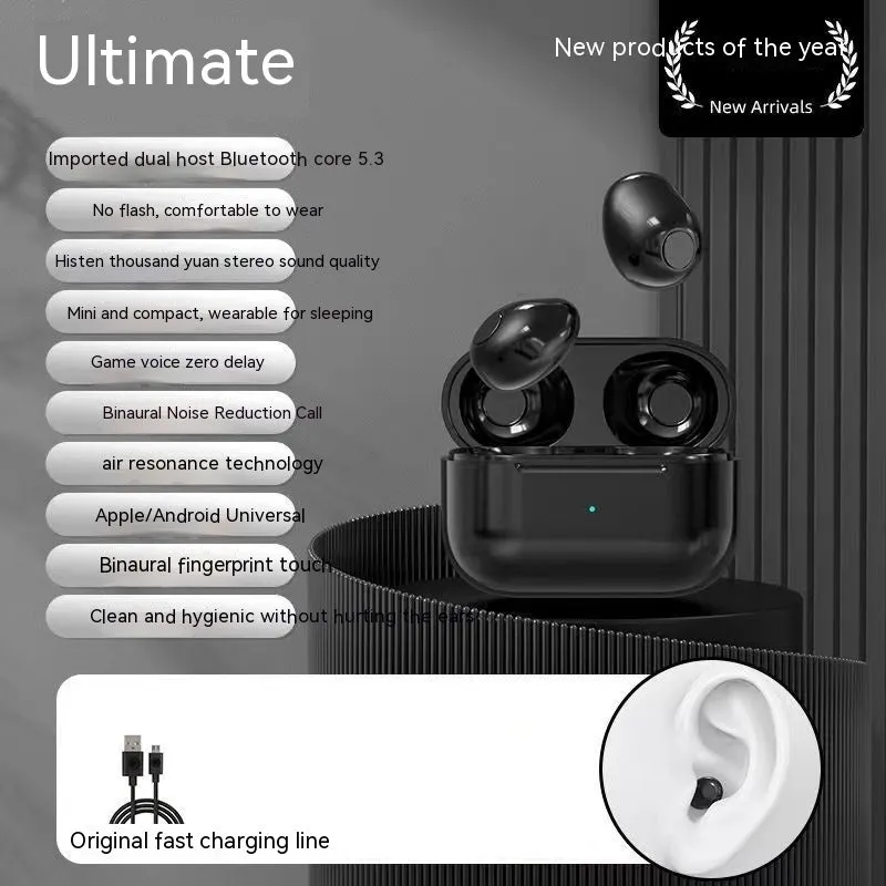 Mini wireless Bluetooth earbud for sleep in black colour with breathing light