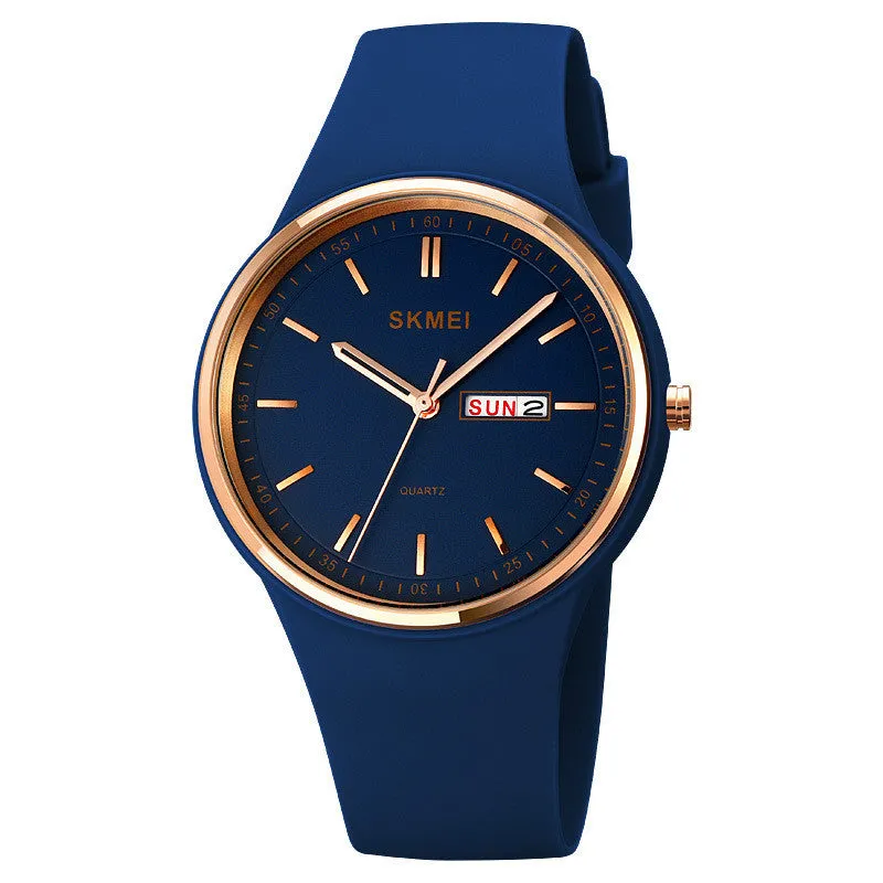 Silicone strap quartz watch for women with a 42mm white dial and calendar display, showing stainless steel pin buckle.