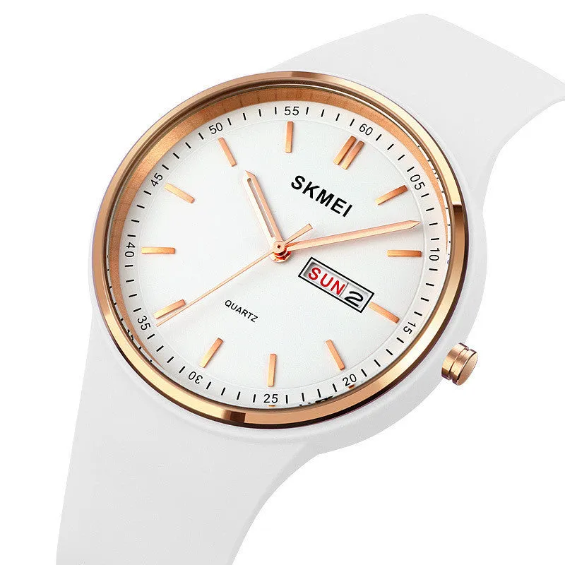 Silicone strap quartz watch for women with a 42mm white dial and calendar display, showing stainless steel pin buckle.