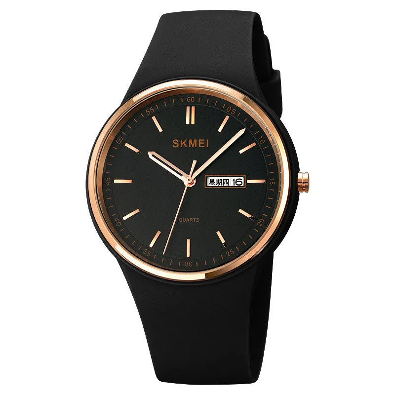 Silicone strap quartz watch for women with a 42mm white dial and calendar display, showing stainless steel pin buckle.