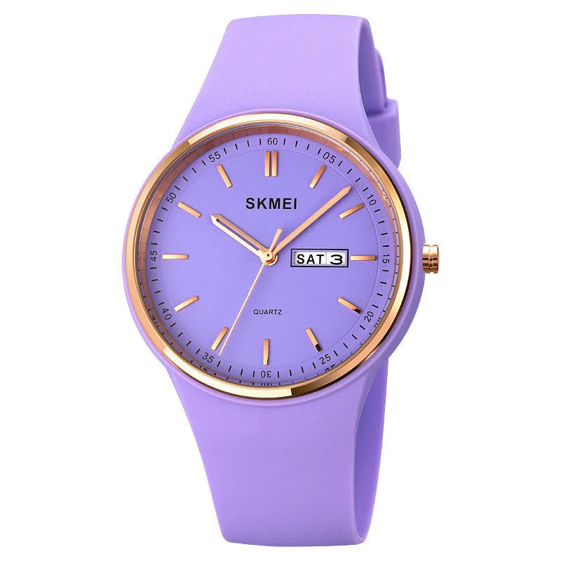 Silicone strap quartz watch for women with a 42mm white dial and calendar display, showing stainless steel pin buckle.
