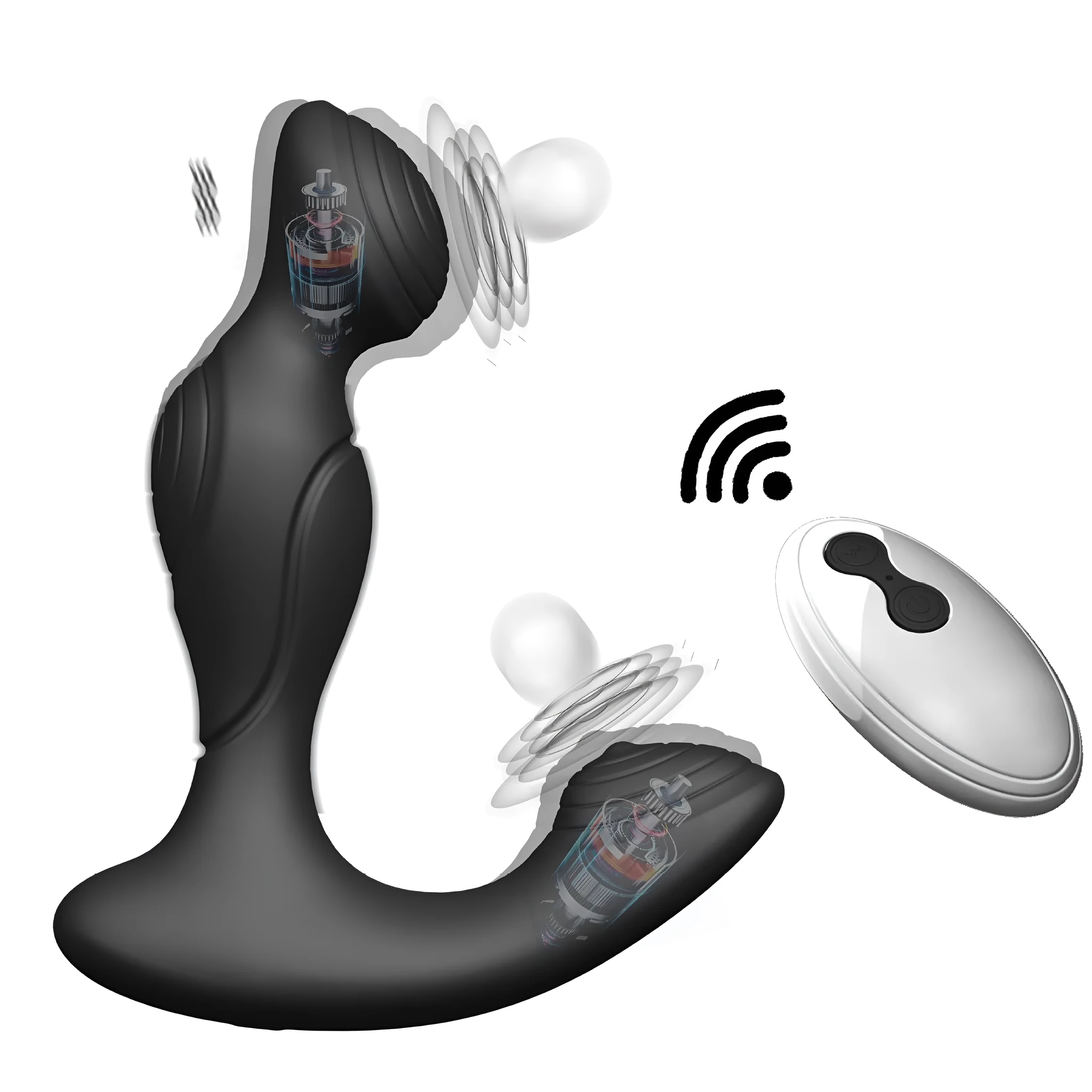 Black wireless remote control silicone prostate massager with remote control unit
