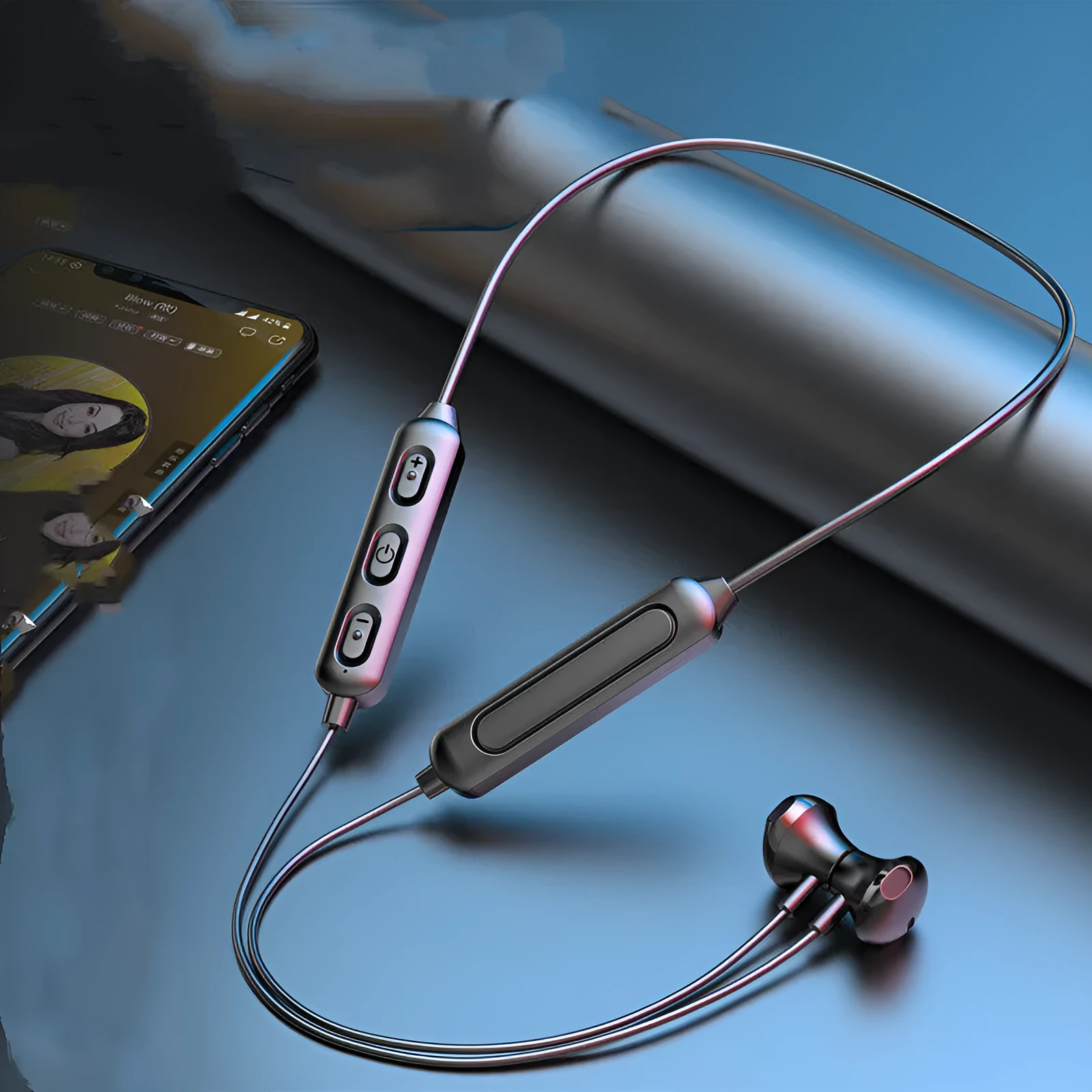 Black wireless neck-mounted sports earphones with Bluetooth 5.0 and custom logo printing option