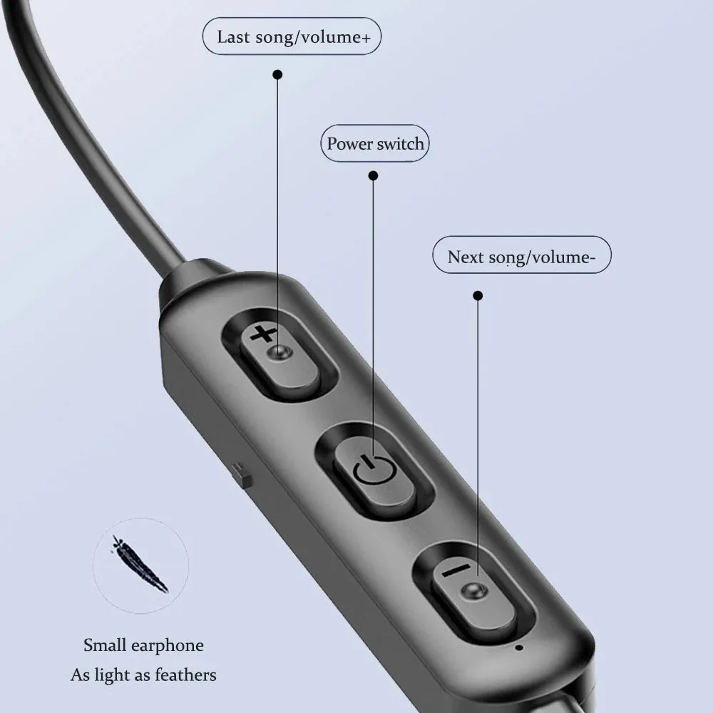 Black wireless neck-mounted sports earphones with Bluetooth 5.0 and custom logo printing option