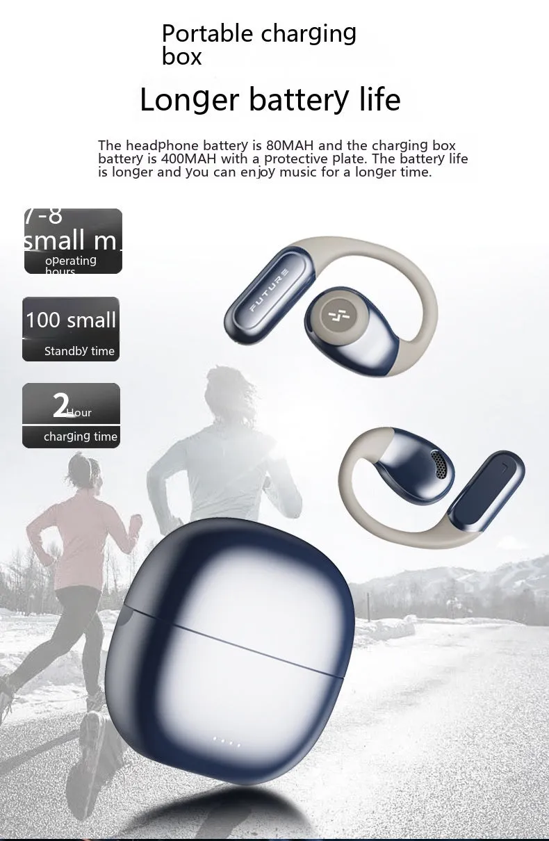 Bluetooth bone conduction headset in ear-hook style, black and gray colour, with charging case