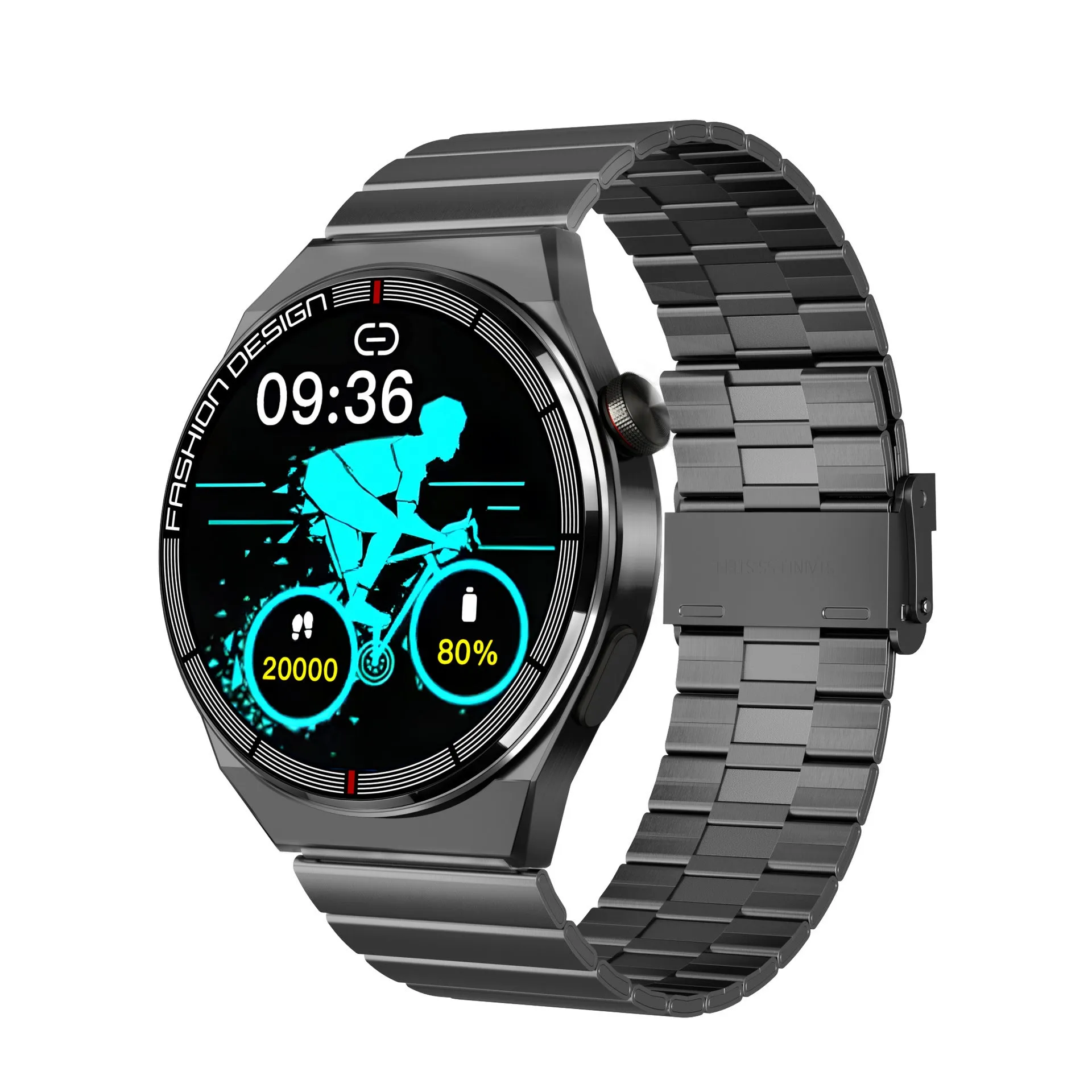 Black smartwatch with a silicone strap showing a heart rate monitoring display on its screen.