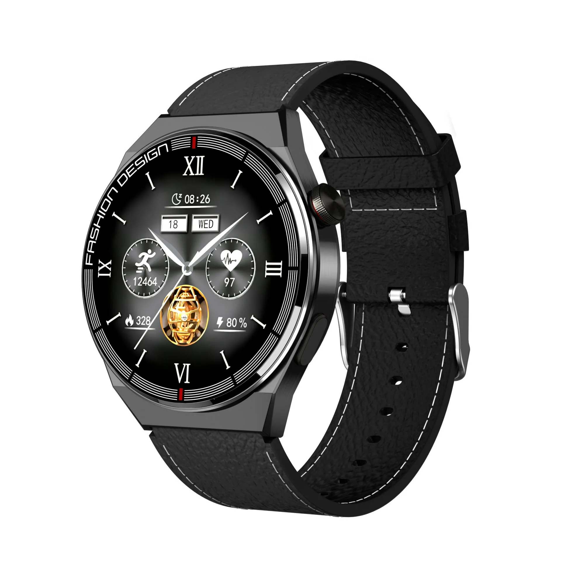 Black smartwatch with a silicone strap showing a heart rate monitoring display on its screen.