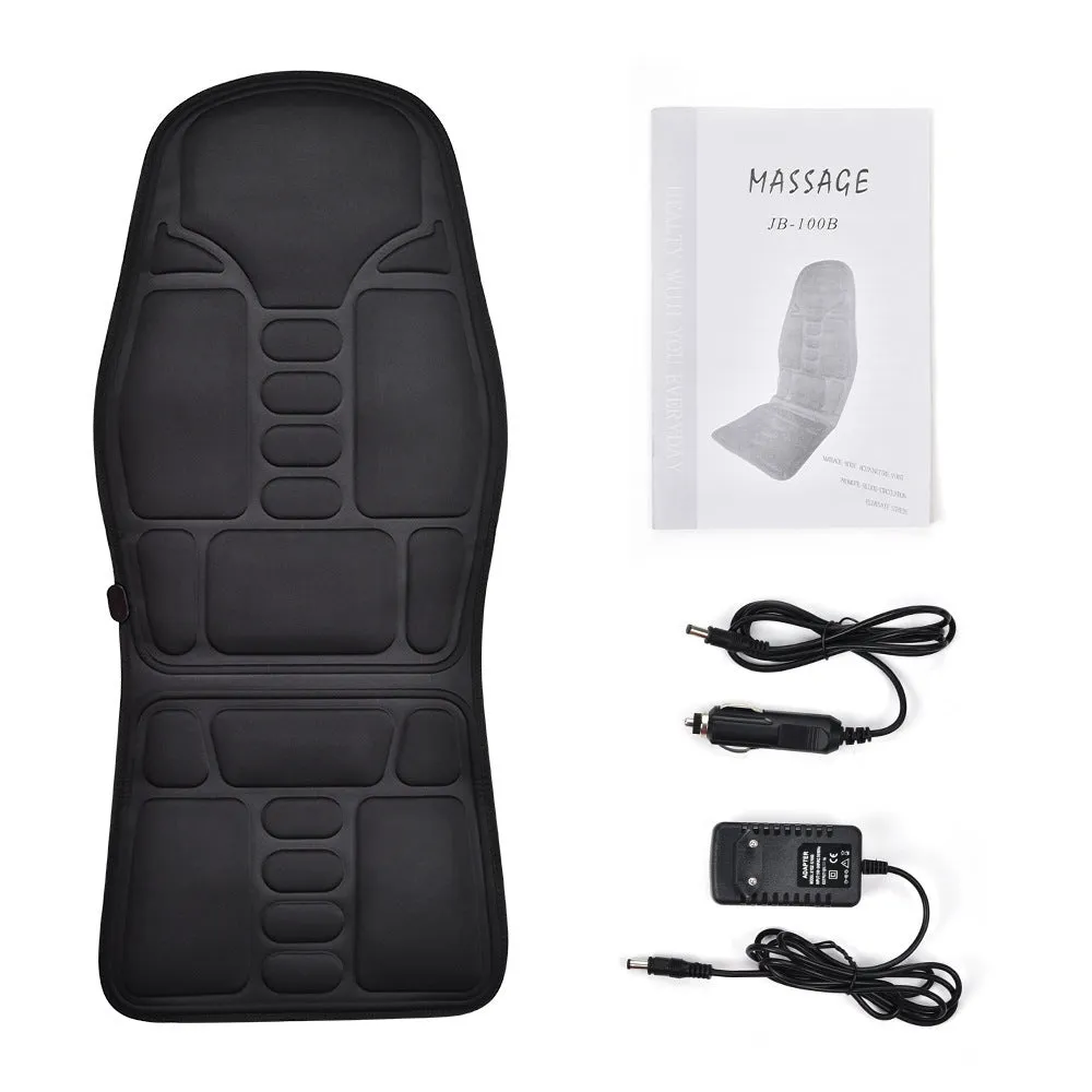Black electric cervical kneading massager with remote control and international plug adapters.