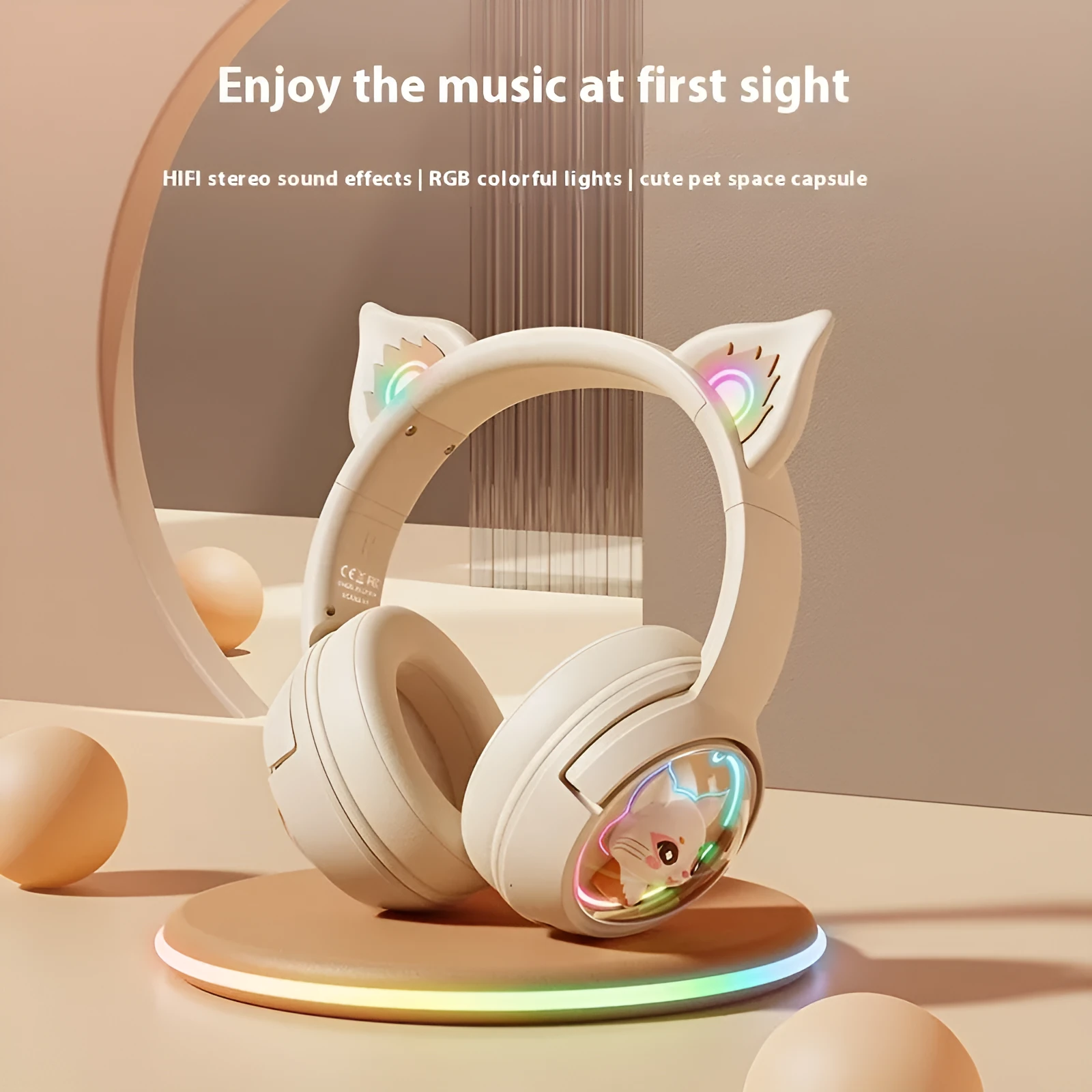 Wireless Bluetooth headset in pink with noise reduction, breathing light, and PC ABS build