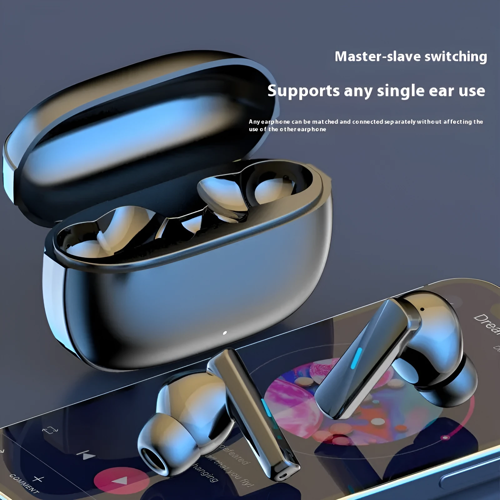Wireless in-ear ANC Bluetooth headset in black, with earbud and charging accessory, on plain background