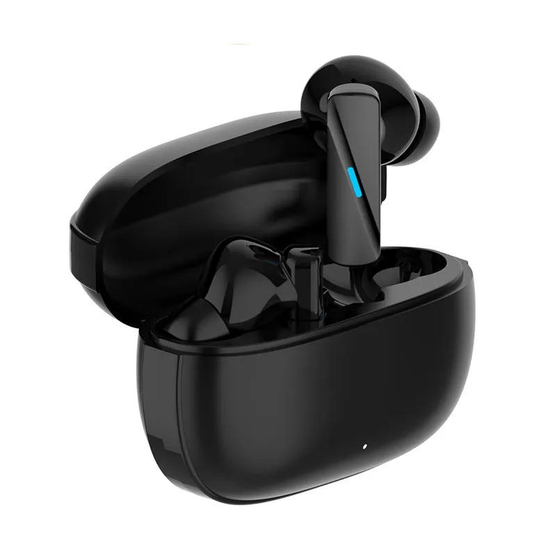 Wireless in-ear ANC Bluetooth headset in black, with earbud and charging accessory, on plain background