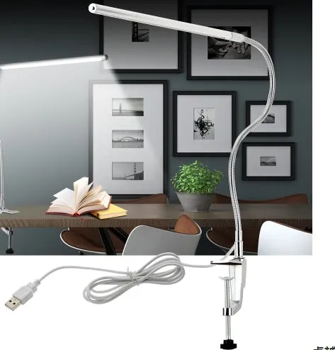 Silver aluminium alloy USB LED nail lamp with long arm and clip-on base, lit with bright white light.