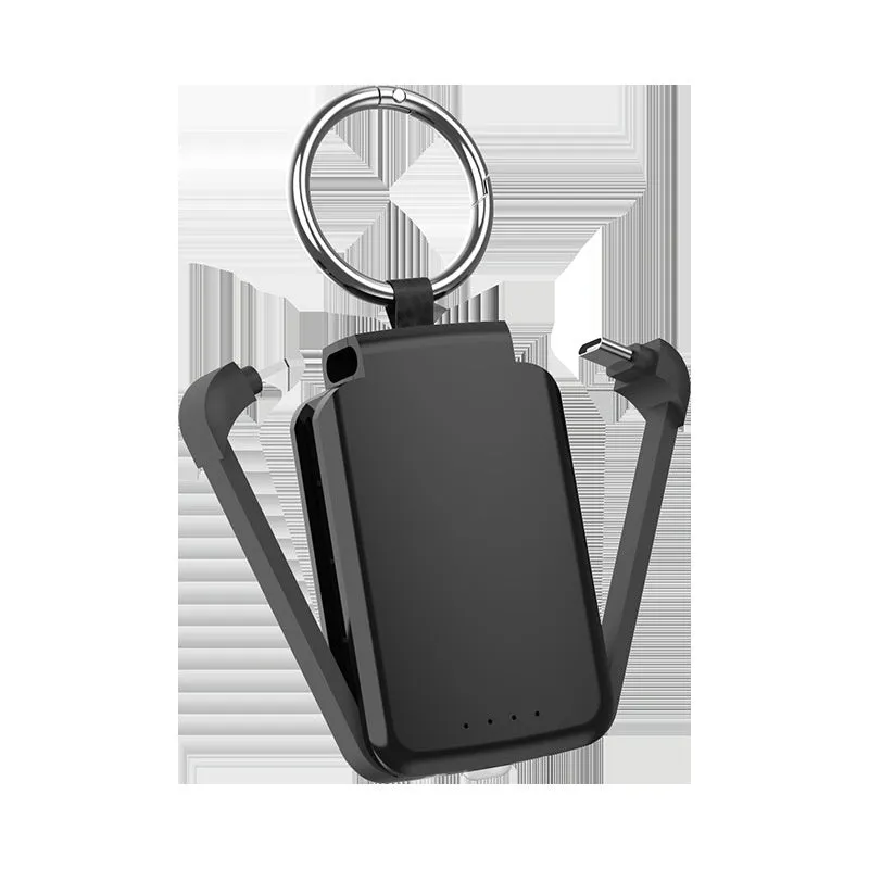 Black anti-lost power bank keychain with 2000mAh battery, ABS casing, USB 2.0 port, keychain attachment