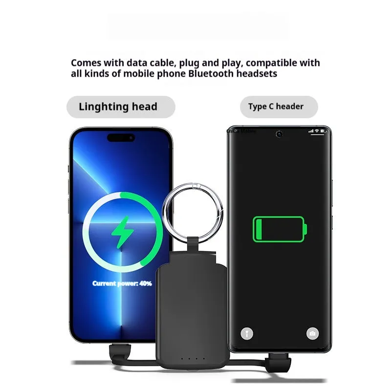 Black anti-lost power bank keychain with 2000mAh battery, ABS casing, USB 2.0 port, keychain attachment