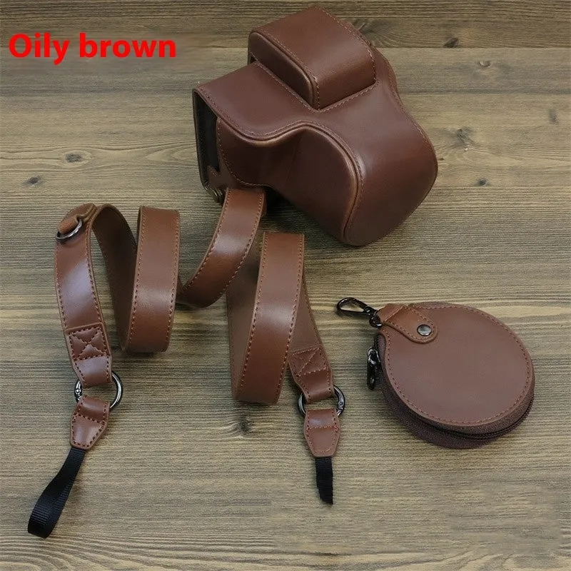 Retro PU camera bag for mirrorless cameras, shoulder bag style in oil skin brown, placed on a table for home storage.