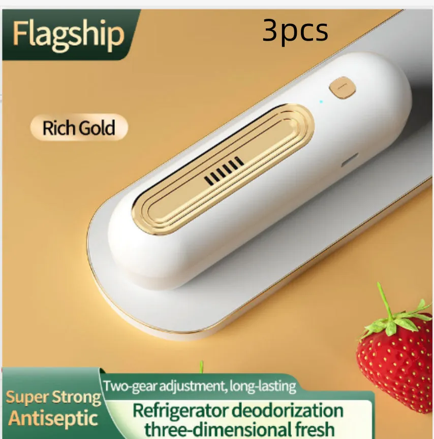 USB powered ozone refrigerator deodorizer in gold colour with quiet operation under 36dB for small spaces under 10 square metres