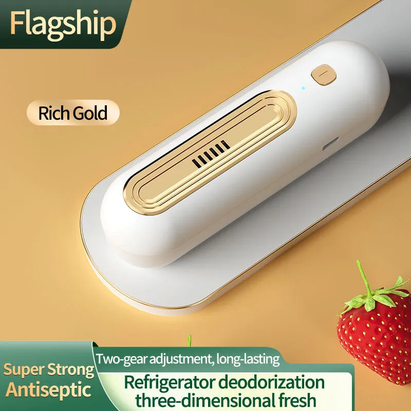 USB powered ozone refrigerator deodorizer in gold colour with quiet operation under 36dB for small spaces under 10 square metres