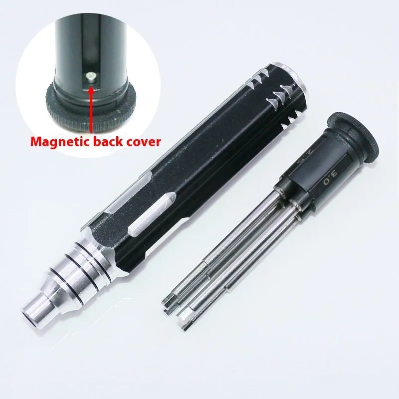 Four-in-one hexagonal screwdriver with bronze aluminium handle and four chrome vanadium steel hex bits