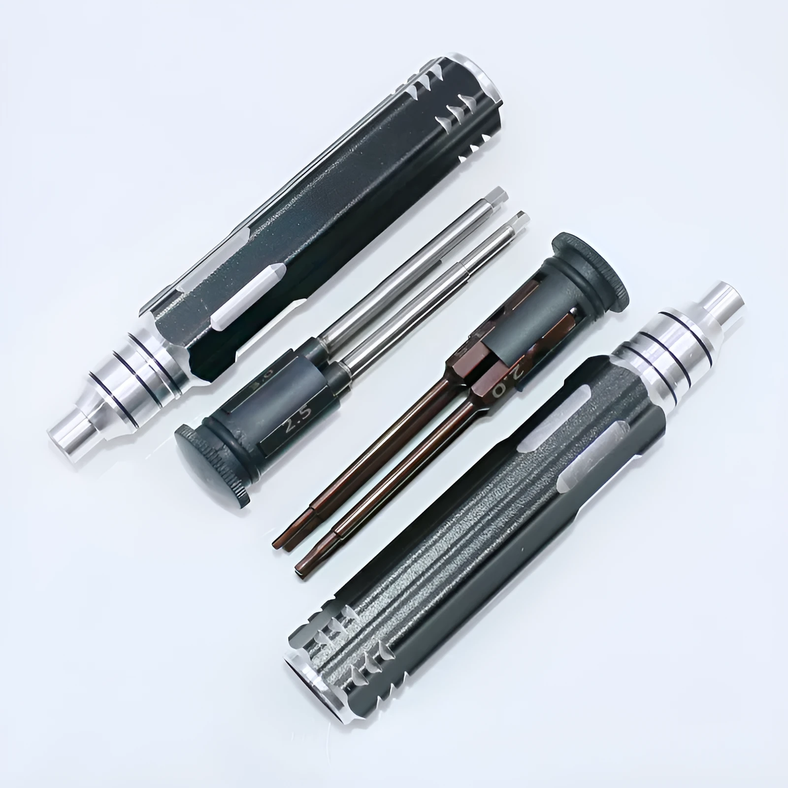Four-in-one hexagonal screwdriver with bronze aluminium handle and four chrome vanadium steel hex bits
