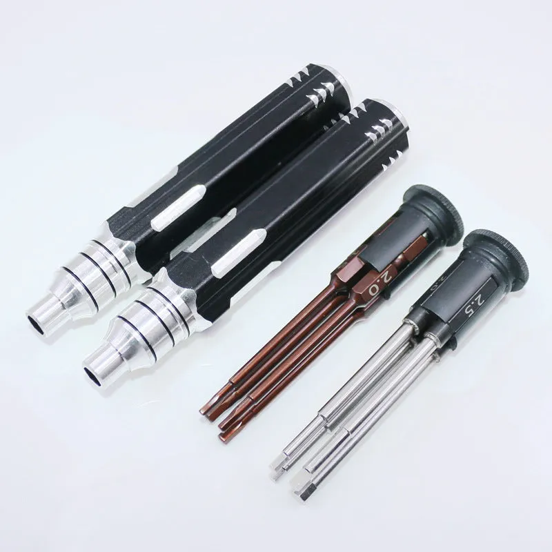 Four-in-one hexagonal screwdriver with bronze aluminium handle and four chrome vanadium steel hex bits