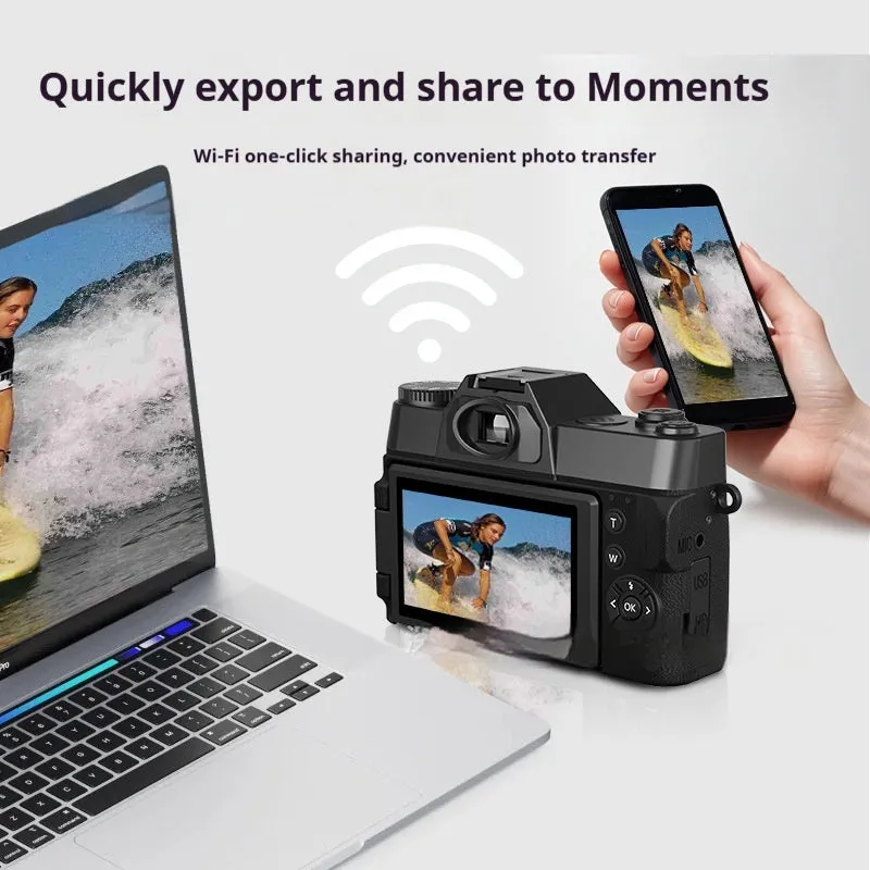 6K HD retro mirrorless camera in black with 32G card, compact design for travel photography