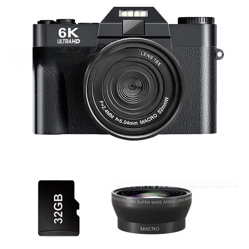 6K HD retro mirrorless camera in black with 32G card, compact design for travel photography