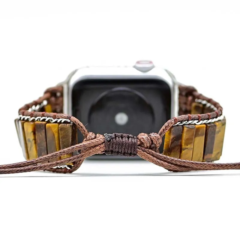 Rectangular tiger eye stone chain men's watch strap bracelet with adjustable textile band