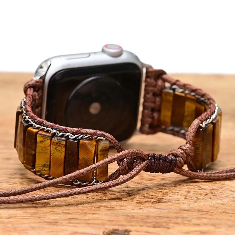 Rectangular tiger eye stone chain men's watch strap bracelet with adjustable textile band