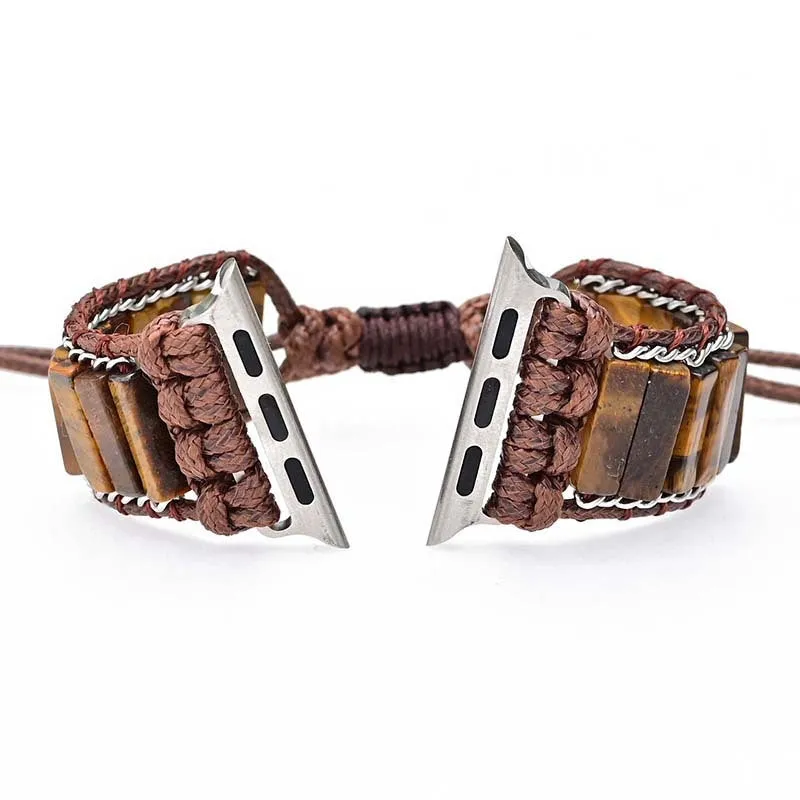 Rectangular tiger eye stone chain men's watch strap bracelet with adjustable textile band